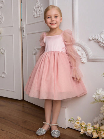 Blossomsprite Kids 1pc Young Girl Wedding Flower Girl Tulle Dress, Summer, With Detachable Bow Back, Suitable For Wedding, Party, Ceremony