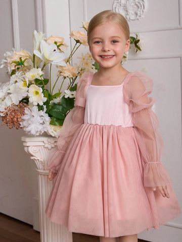 Blossomsprite Kids 1pc Young Girl Wedding Flower Girl Tulle Dress, Summer, With Detachable Bow Back, Suitable For Wedding, Party, Ceremony