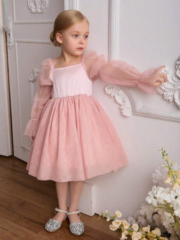 Blossomsprite Kids 1pc Young Girl Wedding Flower Girl Tulle Dress, Summer, With Detachable Bow Back, Suitable For Wedding, Party, Ceremony