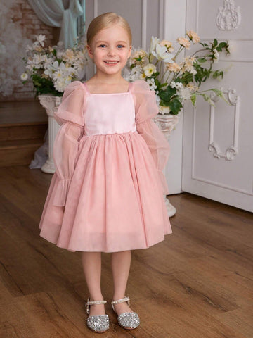 Blossomsprite Kids 1pc Young Girl Wedding Flower Girl Tulle Dress, Summer, With Detachable Bow Back, Suitable For Wedding, Party, Ceremony