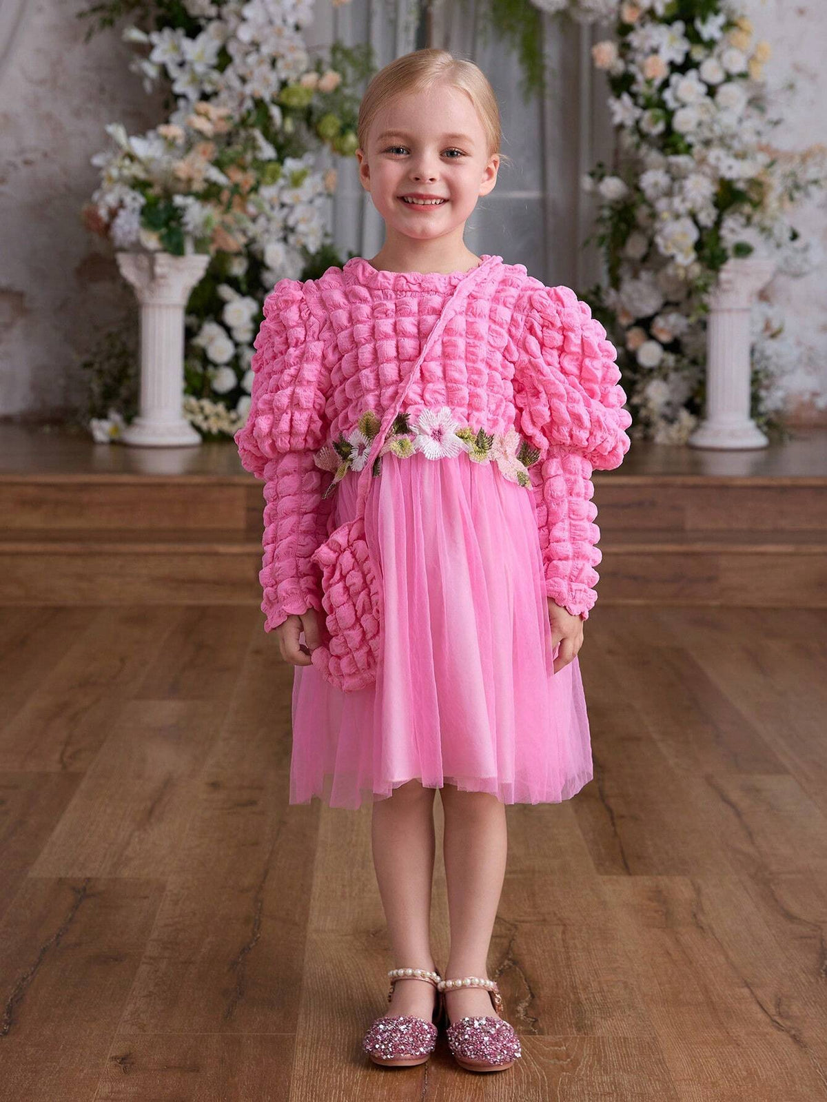 Blossomsprite Kids Girls Casual Vacation Puff Sleeve Jacquard Dress With Hem Mesh Net & Princess Style Bag, Spring Fall