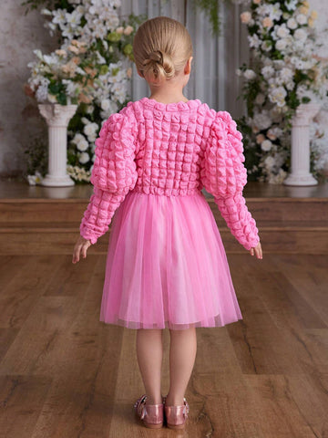 Blossomsprite Kids Girls Casual Vacation Puff Sleeve Jacquard Dress With Hem Mesh Net & Princess Style Bag, Spring Fall