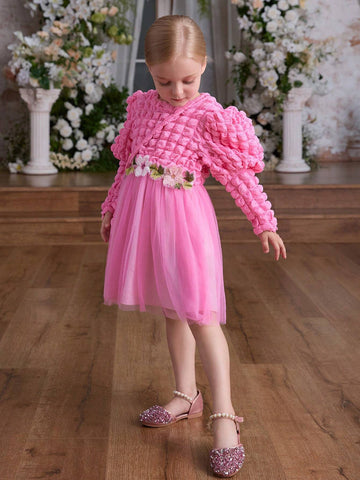 Blossomsprite Kids Girls Casual Vacation Puff Sleeve Jacquard Dress With Hem Mesh Net & Princess Style Bag, Spring Fall