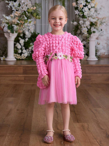 Blossomsprite Kids Girls Casual Vacation Puff Sleeve Jacquard Dress With Hem Mesh Net & Princess Style Bag, Spring Fall