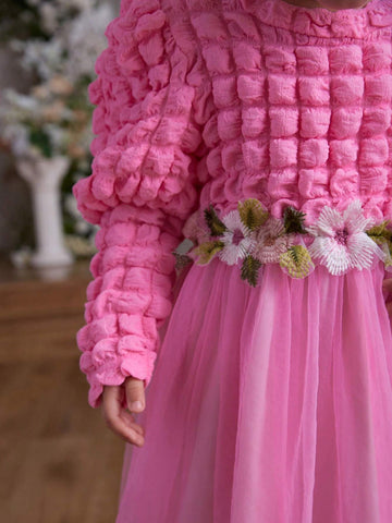 Blossomsprite Kids Girls Casual Vacation Puff Sleeve Jacquard Dress With Hem Mesh Net & Princess Style Bag, Spring Fall