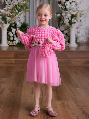 Blossomsprite Kids Girls Casual Vacation Puff Sleeve Jacquard Dress With Hem Mesh Net & Princess Style Bag, Spring Fall