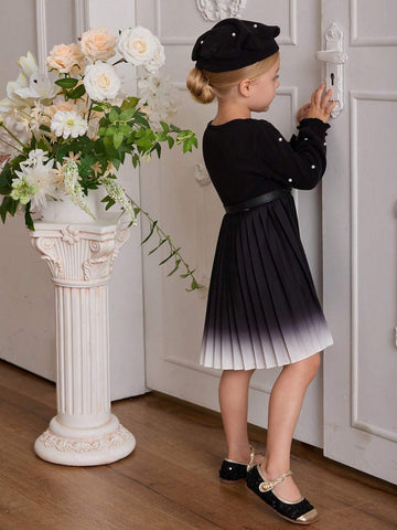 Blossomsprite Kids Young Girls' Casual Black Woven Splice Ombre White-Black Belt Decorated Dress, Fall