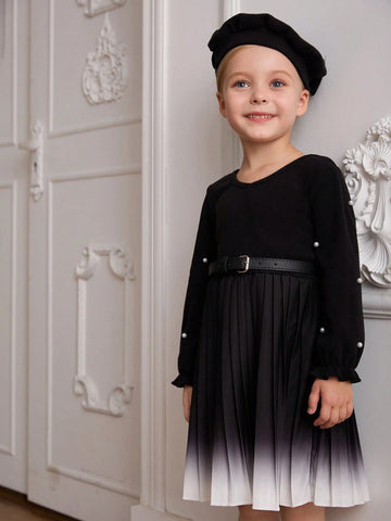 Blossomsprite Kids Young Girls' Casual Black Woven Splice Ombre White-Black Belt Decorated Dress, Fall