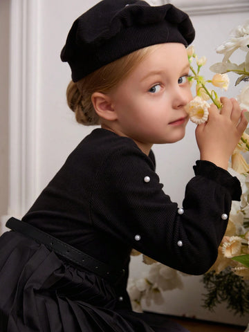 Blossomsprite Kids Young Girls' Casual Black Woven Splice Ombre White-Black Belt Decorated Dress, Fall