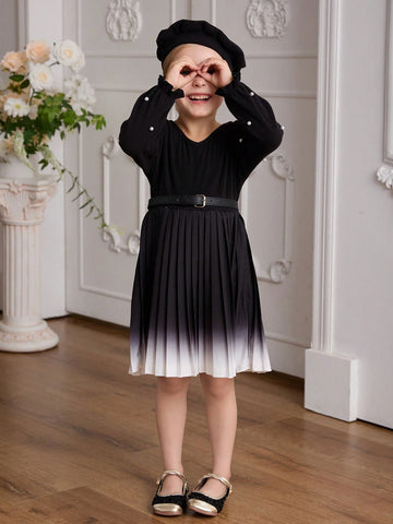 Blossomsprite Kids Young Girls' Casual Black Woven Splice Ombre White-Black Belt Decorated Dress, Fall