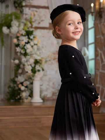 Blossomsprite Kids Young Girls' Casual Black Woven Splice Ombre White-Black Belt Decorated Dress, Fall