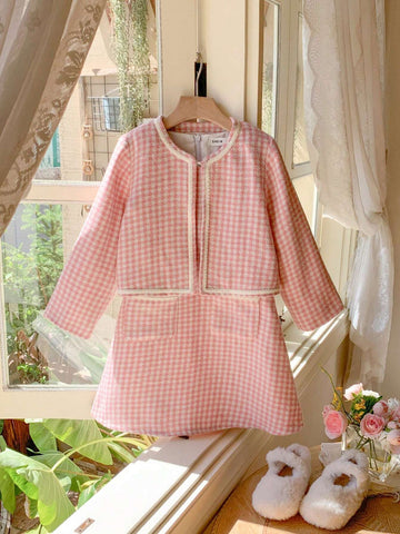 Blossori Blossori Young Girls Autumn/Winter French Elegant Red & White Plaid Jacket & Sleeveless Dress Set