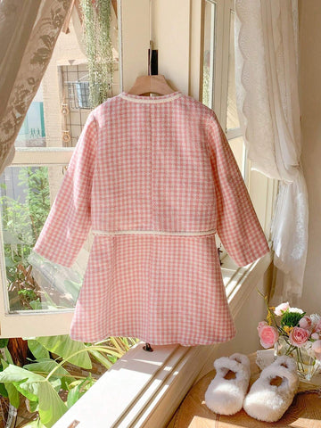 Blossori Blossori Young Girls Autumn/Winter French Elegant Red & White Plaid Jacket & Sleeveless Dress Set