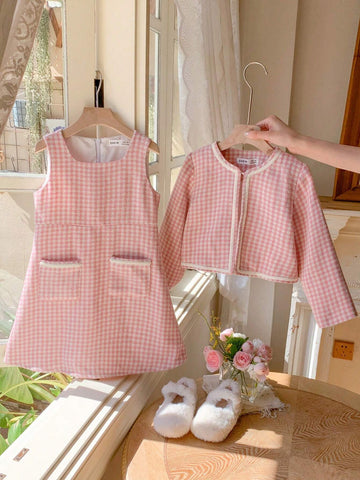 Blossori Blossori Young Girls Autumn/Winter French Elegant Red & White Plaid Jacket & Sleeveless Dress Set