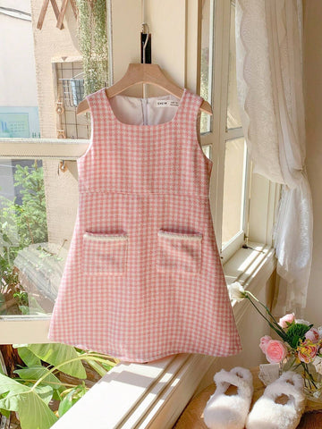 Blossori Blossori Young Girls Autumn/Winter French Elegant Red & White Plaid Jacket & Sleeveless Dress Set