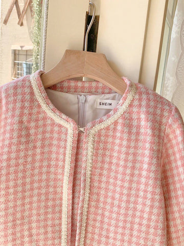 Blossori Blossori Young Girls Autumn/Winter French Elegant Red & White Plaid Jacket & Sleeveless Dress Set
