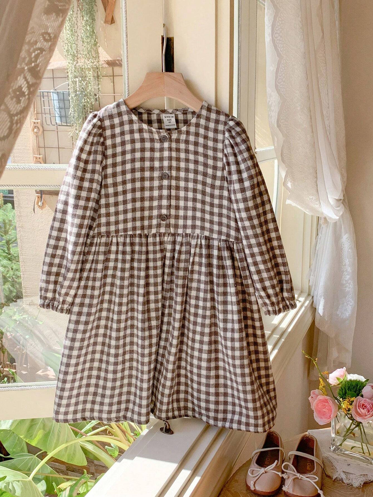 Young Girls Elegant Black & White Plaid Patchwork Loose Long Sleeve Woven Dress, Autumn/Winter