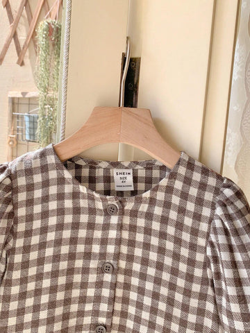 Young Girls Elegant Black & White Plaid Patchwork Loose Long Sleeve Woven Dress, Autumn/Winter