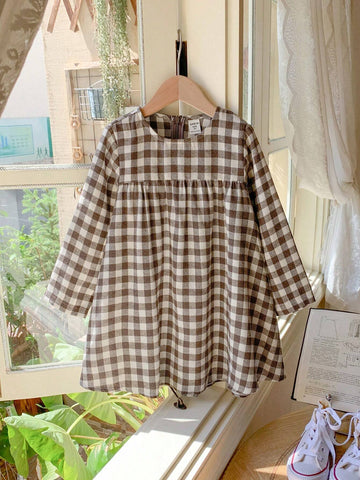 Young Girls Elegant Black & White Plaid Patchwork Woven Bodycon Long Sleeve Dress, Autumn/Winter