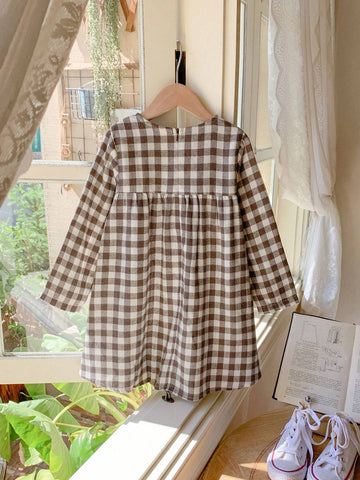 Young Girls Elegant Black & White Plaid Patchwork Woven Bodycon Long Sleeve Dress, Autumn/Winter