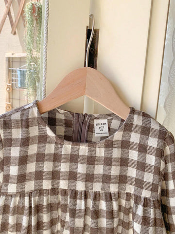 Young Girls Elegant Black & White Plaid Patchwork Woven Bodycon Long Sleeve Dress, Autumn/Winter