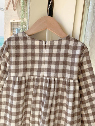 Young Girls Elegant Black & White Plaid Patchwork Woven Bodycon Long Sleeve Dress, Autumn/Winter