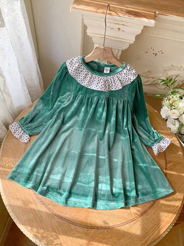 Blossori Blossori Young Girls Elegant Contrast Color Floral Lace Trim Loose Long Sleeve Dress, Autumn/Winter