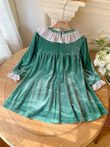 Blossori Blossori Young Girls Elegant Contrast Color Floral Lace Trim Loose Long Sleeve Dress, Autumn/Winter