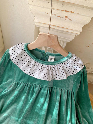 Blossori Blossori Young Girls Elegant Contrast Color Floral Lace Trim Loose Long Sleeve Dress, Autumn/Winter