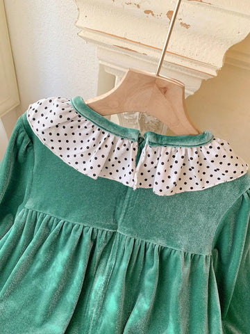 Blossori Blossori Young Girls Elegant Contrast Color Floral Lace Trim Loose Long Sleeve Dress, Autumn/Winter