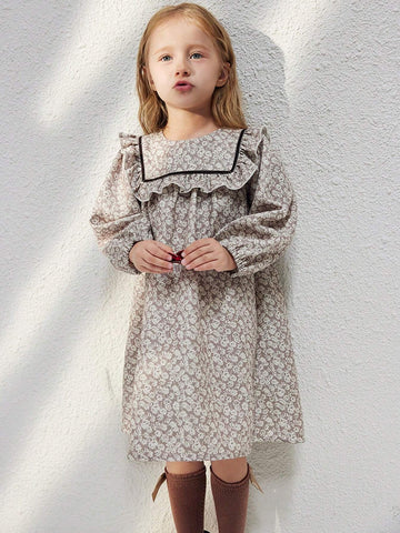 Young Girls Elegant French Plaid Ruffle Hem Loose Long Sleeve Dress, Fall/Winter