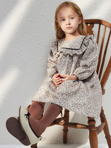 Young Girls Elegant French Plaid Ruffle Hem Loose Long Sleeve Dress, Fall/Winter