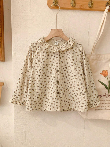 Blossori Blossori Young Girls Elegant French Style Beige Floral Lace Trim Loose Long Sleeve Blouse, Autumn/Winter