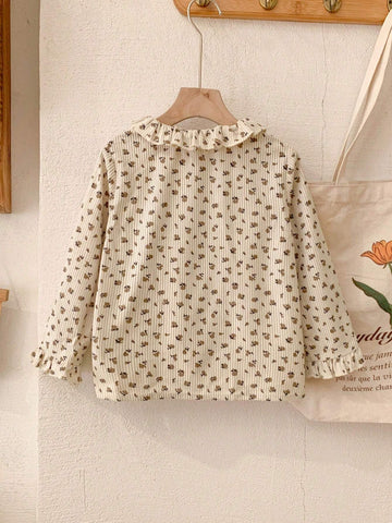 Blossori Blossori Young Girls Elegant French Style Beige Floral Lace Trim Loose Long Sleeve Blouse, Autumn/Winter