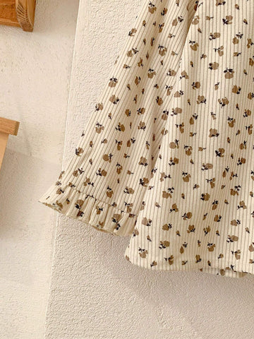 Blossori Blossori Young Girls Elegant French Style Beige Floral Lace Trim Loose Long Sleeve Blouse, Autumn/Winter