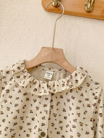 Blossori Blossori Young Girls Elegant French Style Beige Floral Lace Trim Loose Long Sleeve Blouse, Autumn/Winter