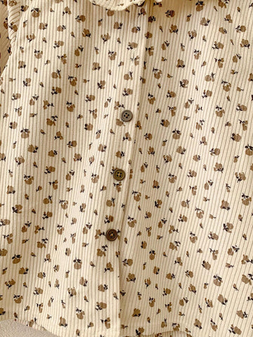 Blossori Blossori Young Girls Elegant French Style Beige Floral Lace Trim Loose Long Sleeve Blouse, Autumn/Winter