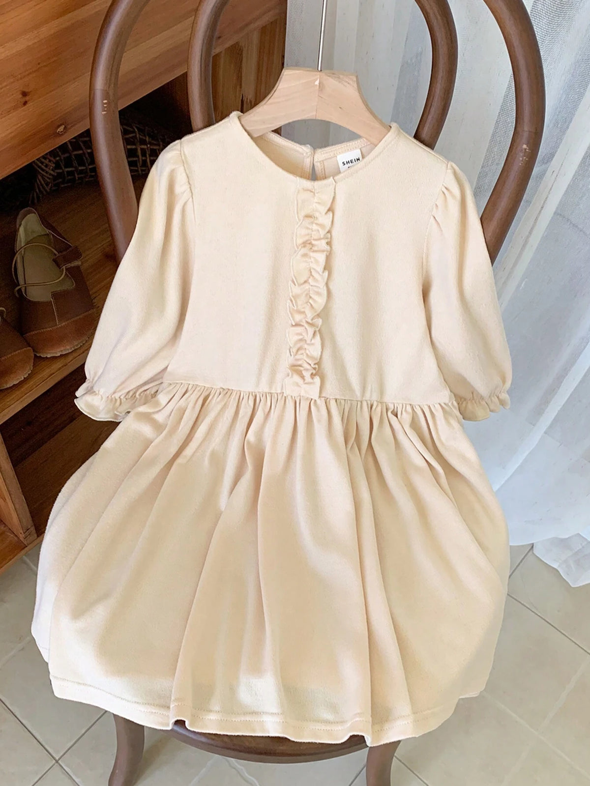 Blossori Blossori Young Girls Elegant French Style Beige Floral Lace Woven Loose Long Sleeve Dress, Autumn/Winter