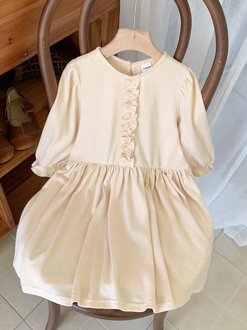 Blossori Blossori Young Girls Elegant French Style Beige Floral Lace Woven Loose Long Sleeve Dress, Autumn/Winter