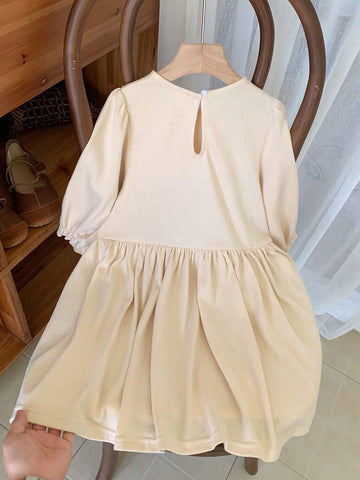 Blossori Blossori Young Girls Elegant French Style Beige Floral Lace Woven Loose Long Sleeve Dress, Autumn/Winter