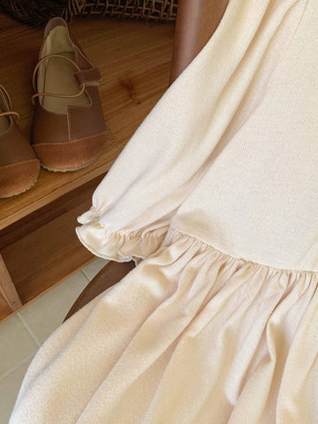 Blossori Blossori Young Girls Elegant French Style Beige Floral Lace Woven Loose Long Sleeve Dress, Autumn/Winter