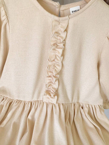 Blossori Blossori Young Girls Elegant French Style Beige Floral Lace Woven Loose Long Sleeve Dress, Autumn/Winter