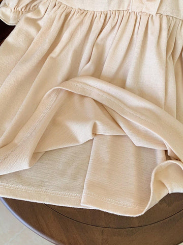 Blossori Blossori Young Girls Elegant French Style Beige Floral Lace Woven Loose Long Sleeve Dress, Autumn/Winter