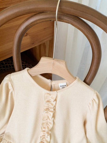 Blossori Blossori Young Girls Elegant French Style Beige Floral Lace Woven Loose Long Sleeve Dress, Autumn/Winter