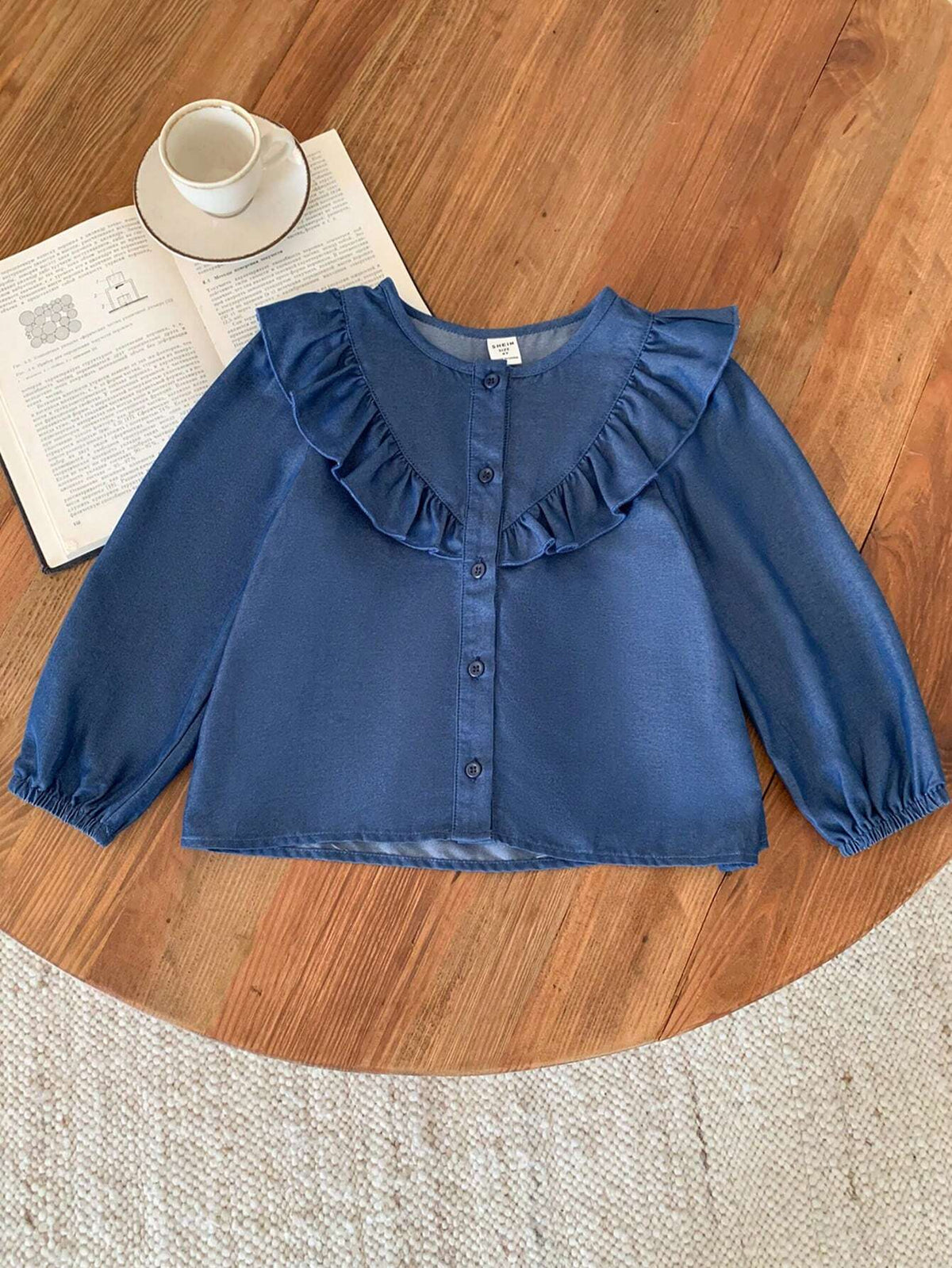 Blossori Blossori Young Girls Elegant French Style Navy Blue Floral Lace Trim Loose Long Sleeve Blouse, Autumn/Winter