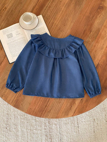 Blossori Blossori Young Girls Elegant French Style Navy Blue Floral Lace Trim Loose Long Sleeve Blouse, Autumn/Winter