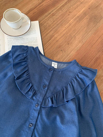 Blossori Blossori Young Girls Elegant French Style Navy Blue Floral Lace Trim Loose Long Sleeve Blouse, Autumn/Winter