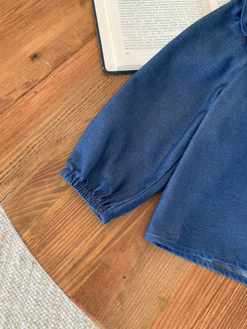 Blossori Blossori Young Girls Elegant French Style Navy Blue Floral Lace Trim Loose Long Sleeve Blouse, Autumn/Winter