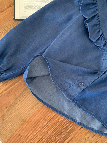 Blossori Blossori Young Girls Elegant French Style Navy Blue Floral Lace Trim Loose Long Sleeve Blouse, Autumn/Winter