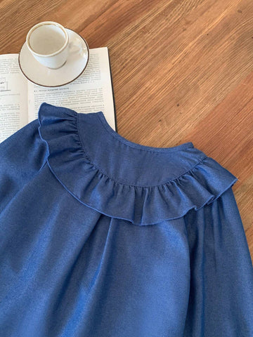 Blossori Blossori Young Girls Elegant French Style Navy Blue Floral Lace Trim Loose Long Sleeve Blouse, Autumn/Winter